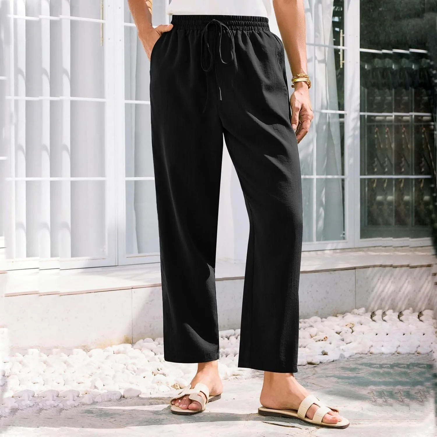 Women's Pants, Peasant Pants Linen Straight Leg Casual Drawstring Trendy Comfortable Fit