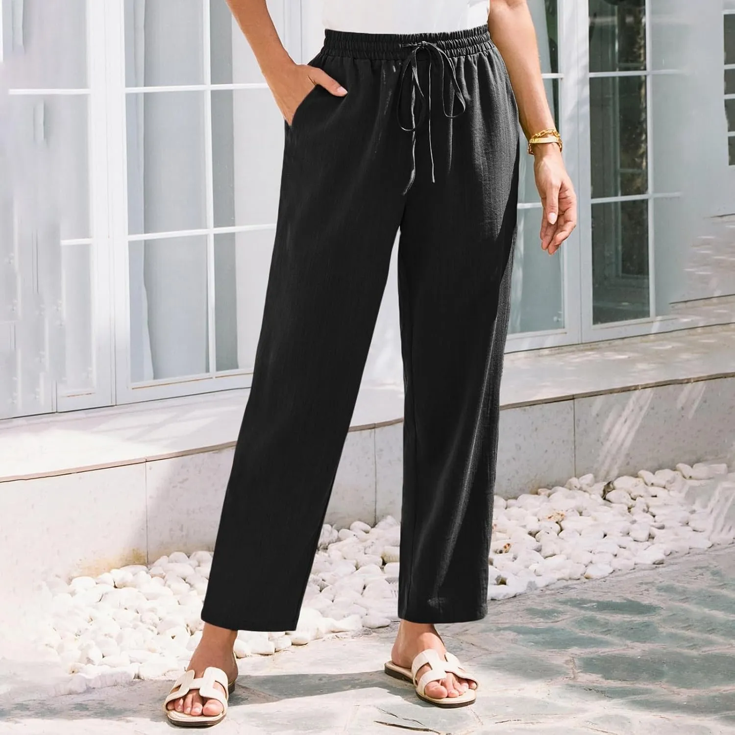Women's Pants, Peasant Pants Linen Straight Leg Casual Drawstring Trendy Comfortable Fit