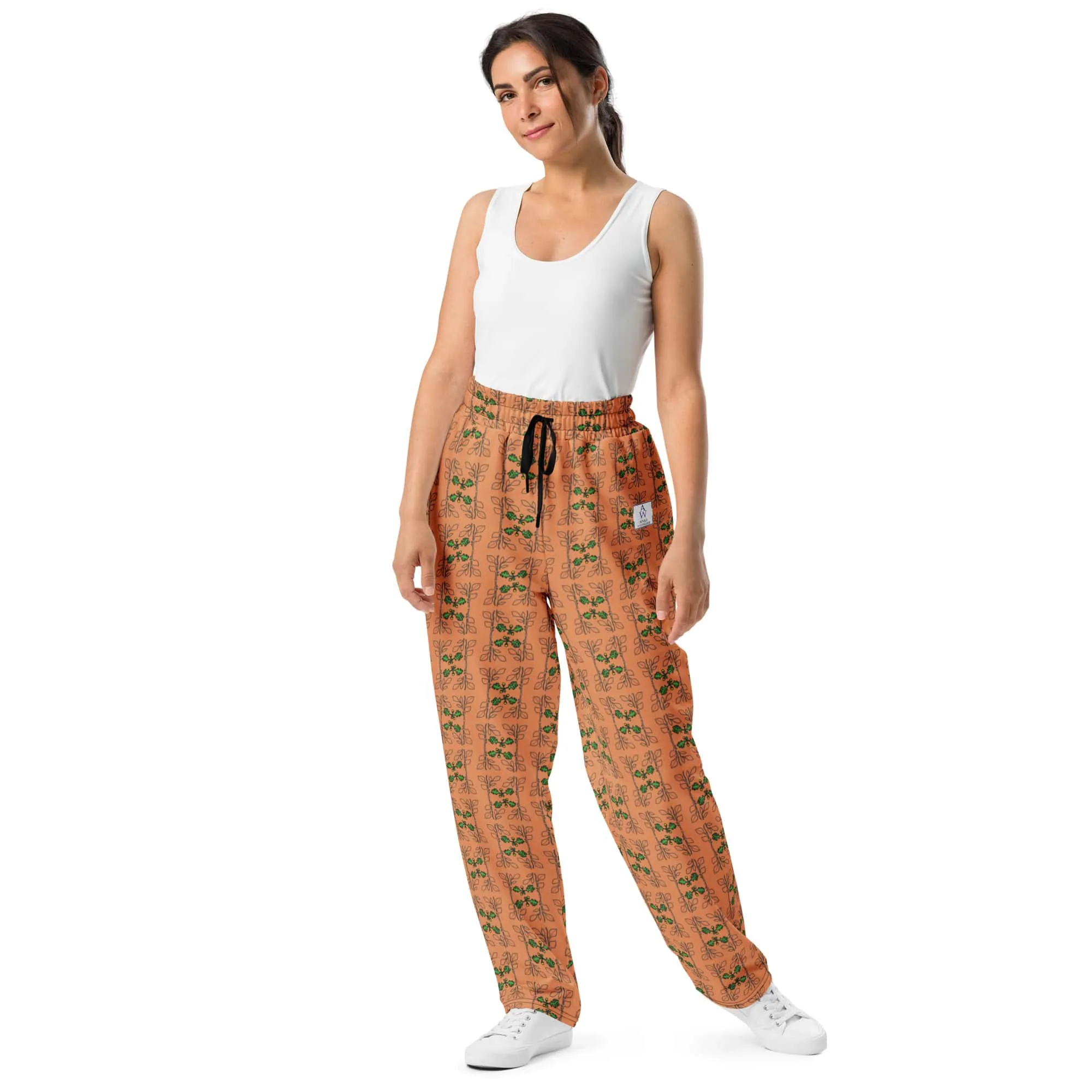 Women's Recycled Polyester Wide-Leg Orange Joggers with Acorns and Leaves