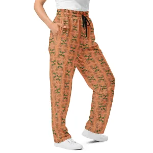 Women's Recycled Polyester Wide-Leg Orange Joggers with Acorns and Leaves