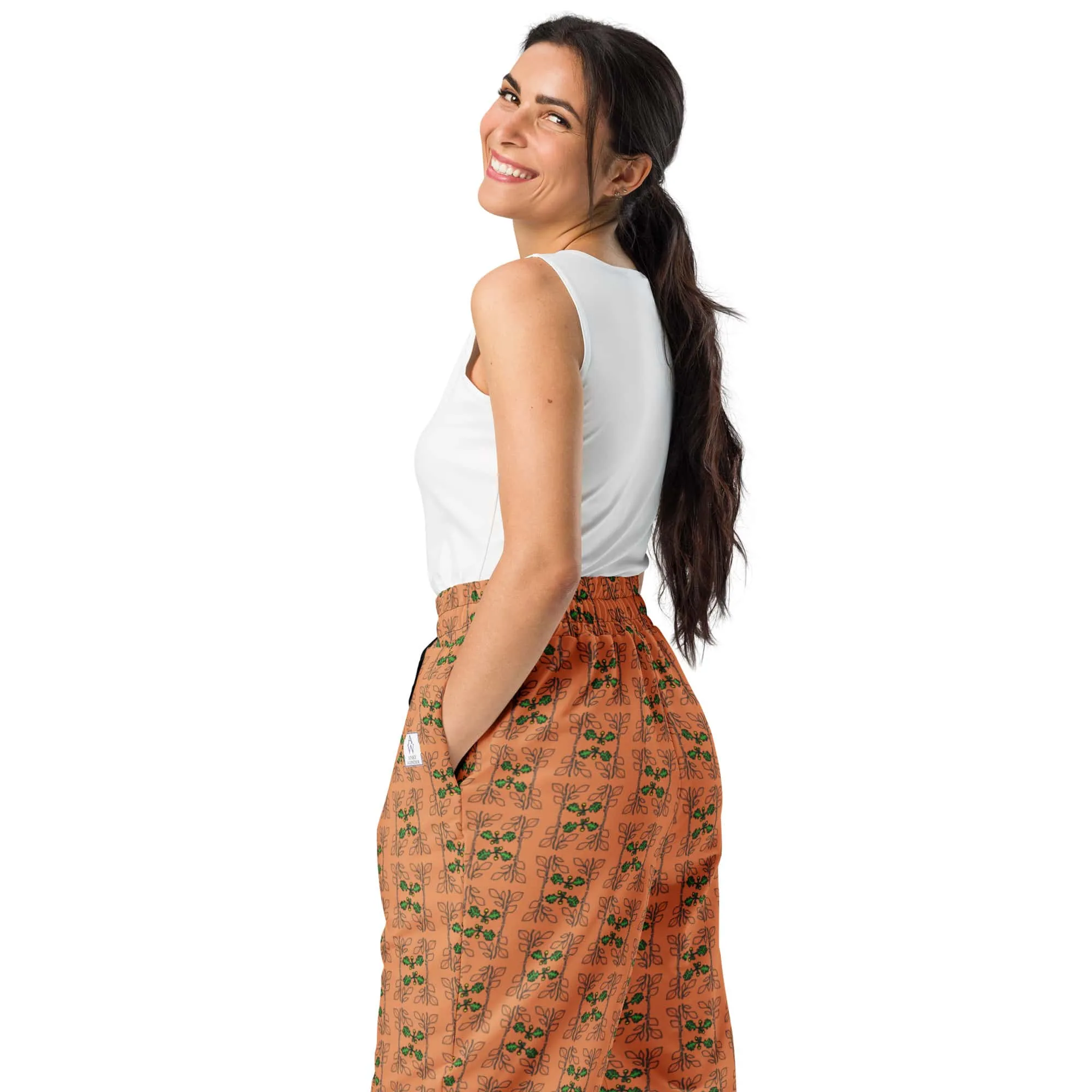 Women's Recycled Polyester Wide-Leg Orange Joggers with Acorns and Leaves