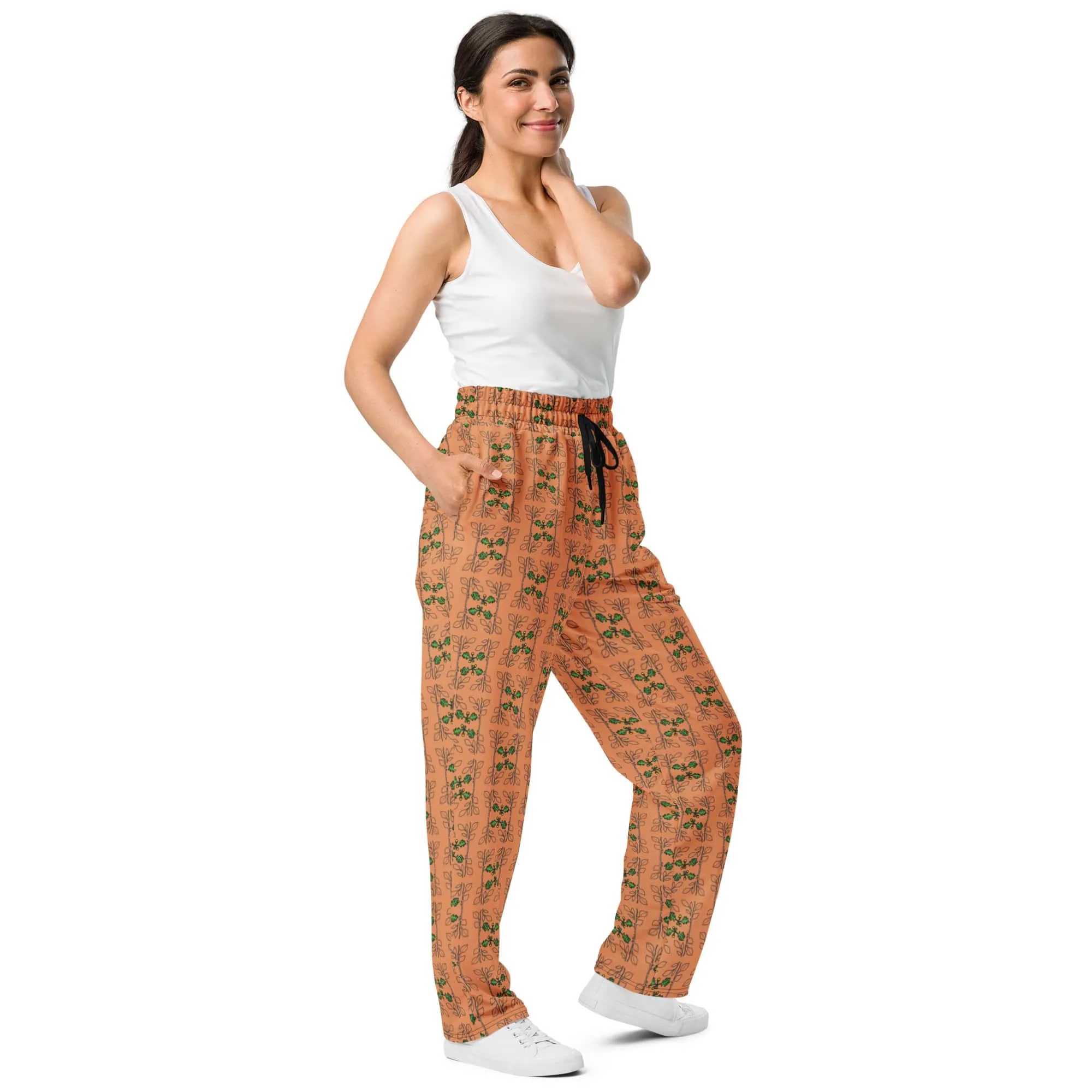 Women's Recycled Polyester Wide-Leg Orange Joggers with Acorns and Leaves