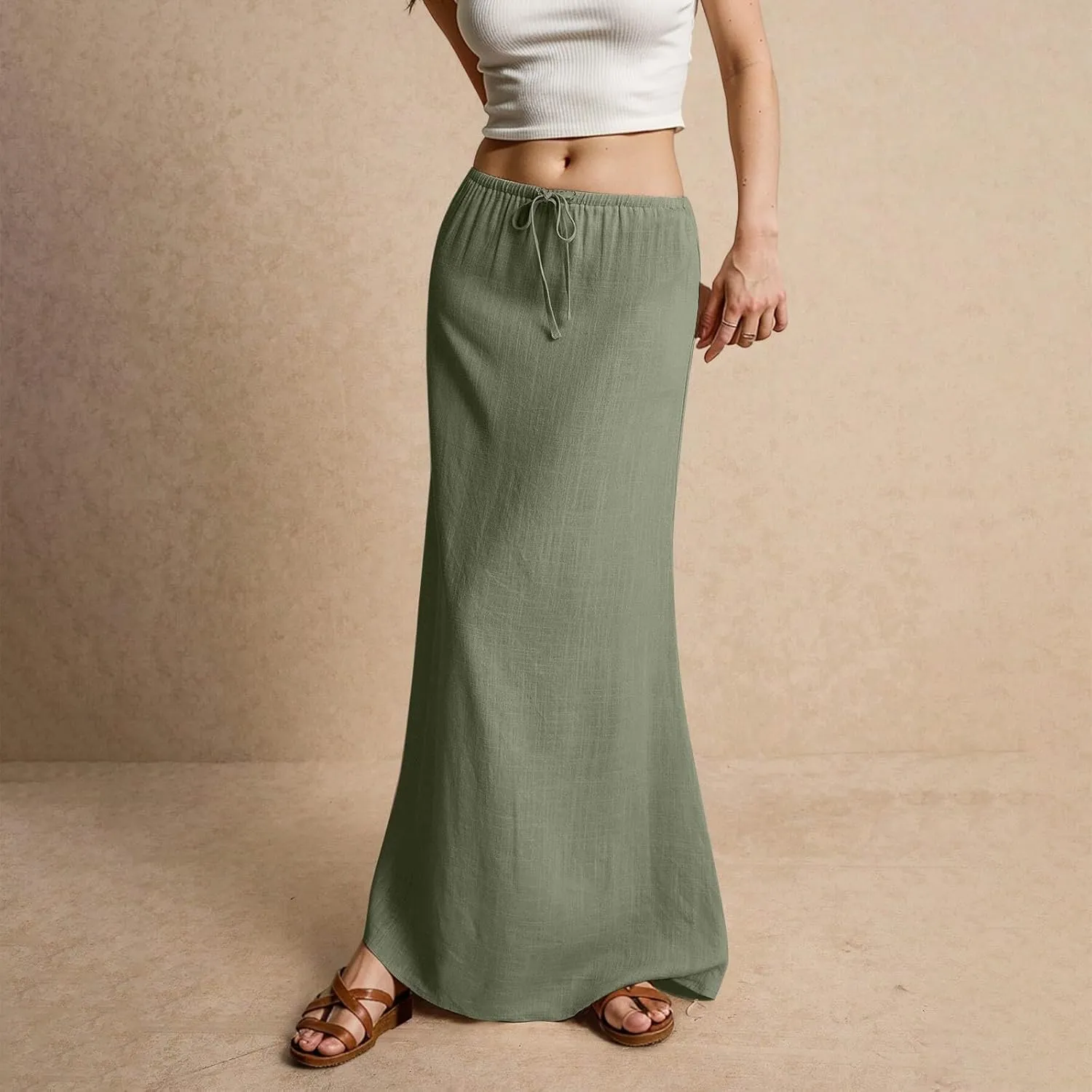 Women's Summer Maxi Linen Skirt Elastic Low Waist Drawstring A-Line Casual Skirts Boho Flowy Beach Long Skirts