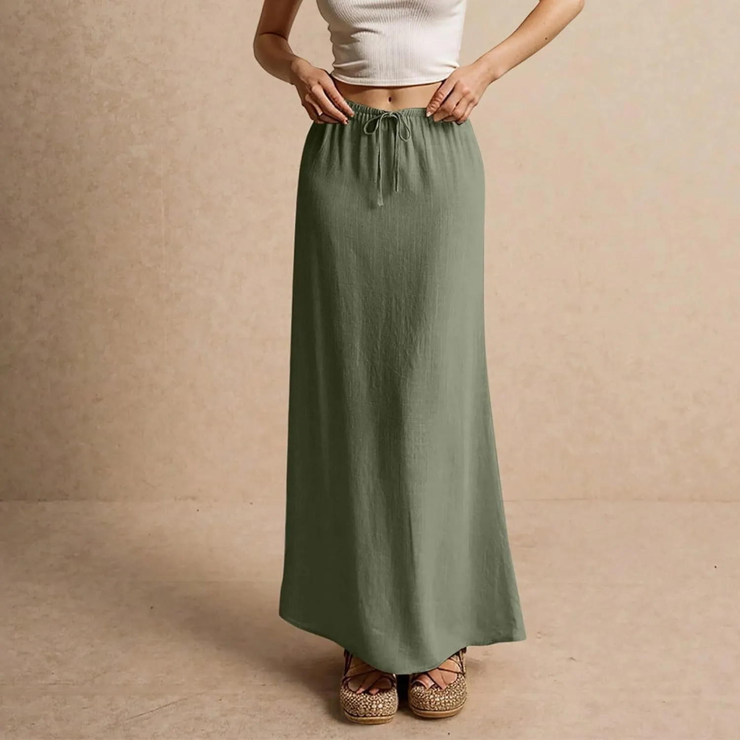 Women's Summer Maxi Linen Skirt Elastic Low Waist Drawstring A-Line Casual Skirts Boho Flowy Beach Long Skirts