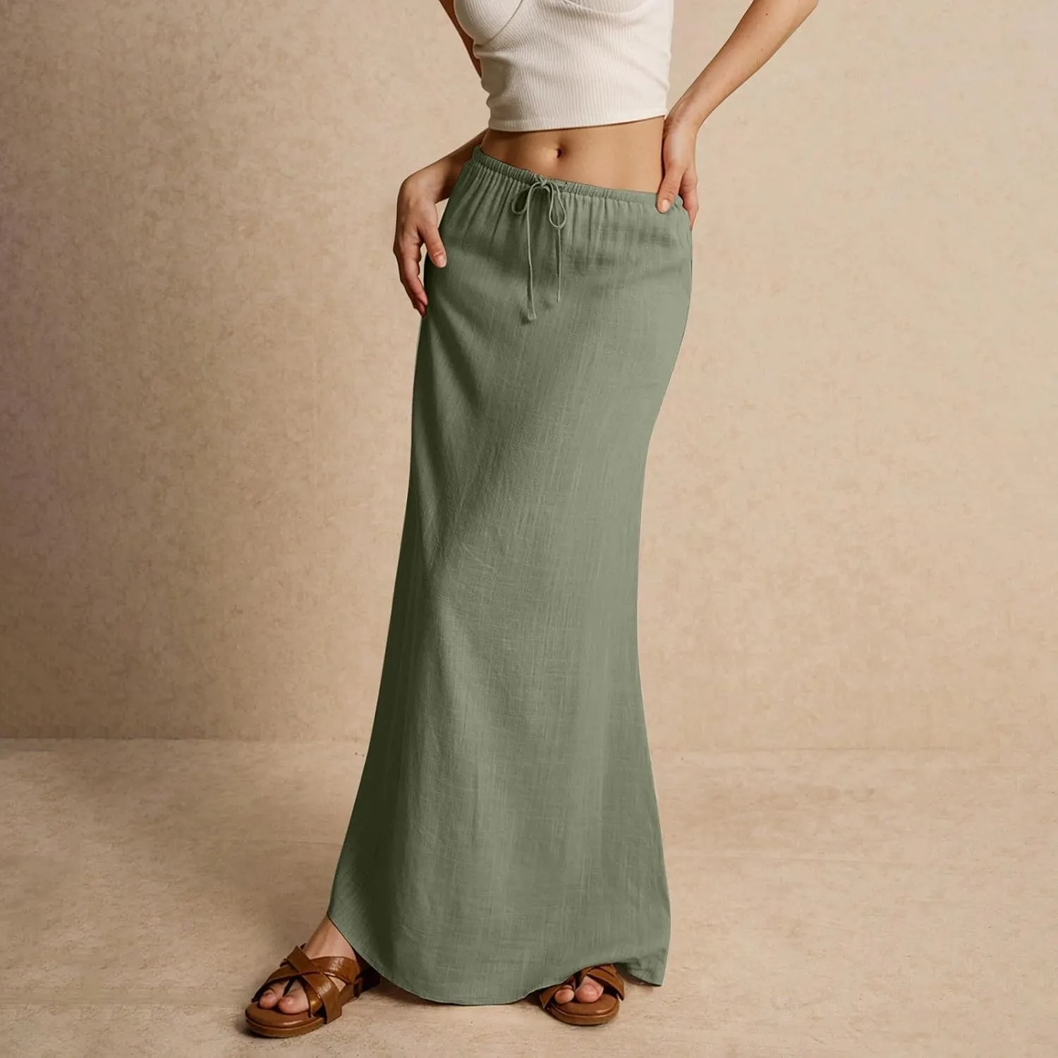 Women's Summer Maxi Linen Skirt Elastic Low Waist Drawstring A-Line Casual Skirts Boho Flowy Beach Long Skirts