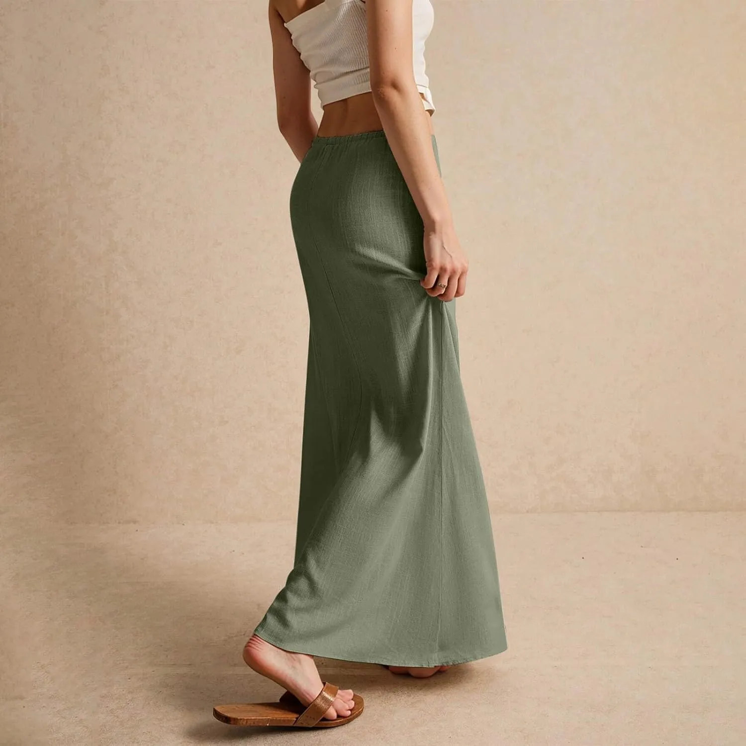 Women's Summer Maxi Linen Skirt Elastic Low Waist Drawstring A-Line Casual Skirts Boho Flowy Beach Long Skirts
