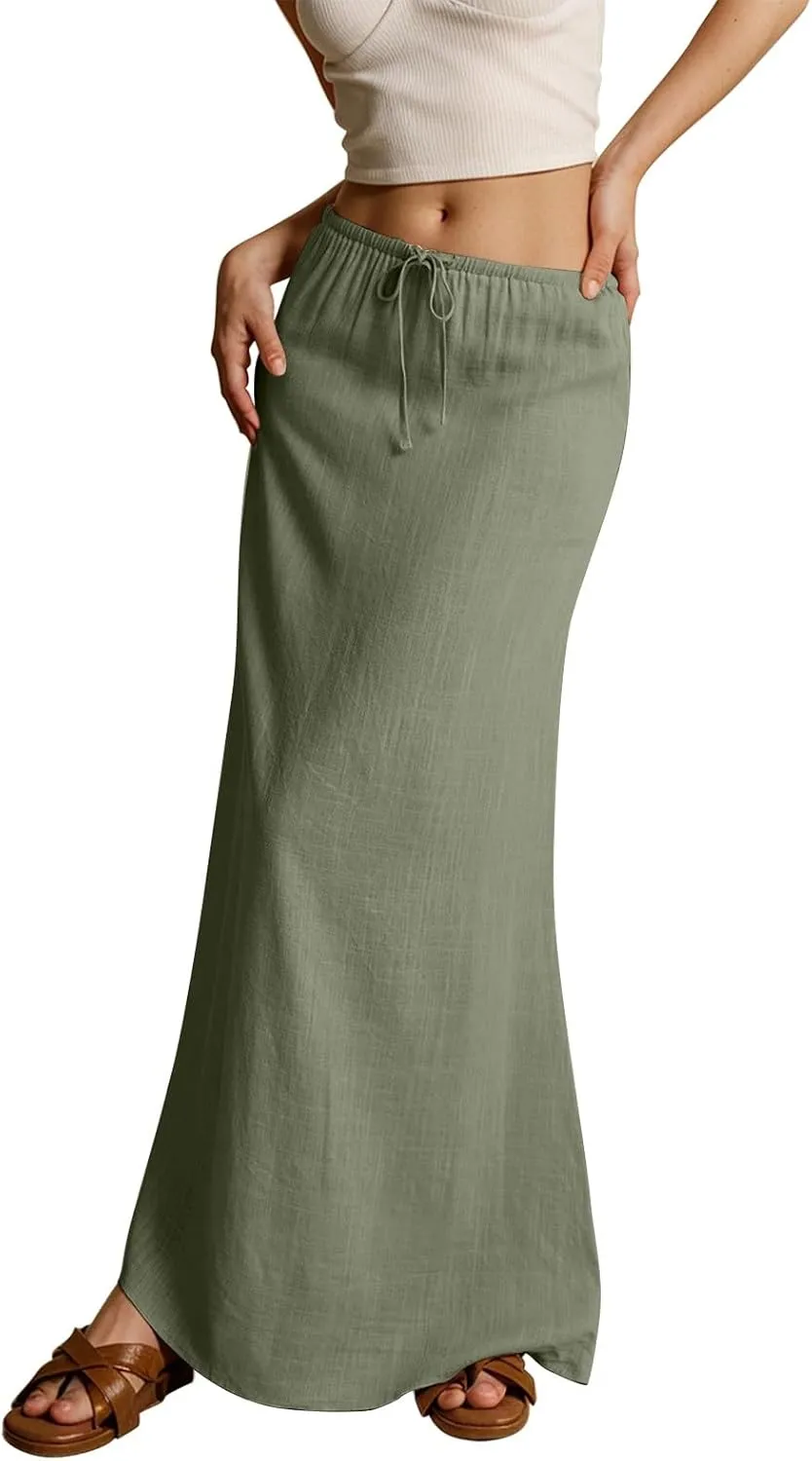 Women's Summer Maxi Linen Skirt Elastic Low Waist Drawstring A-Line Casual Skirts Boho Flowy Beach Long Skirts