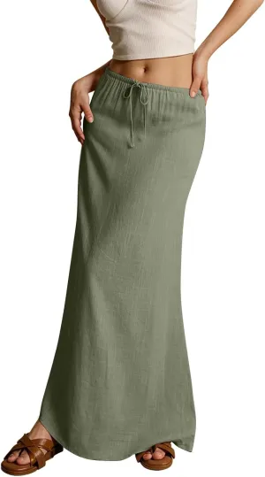 Women's Summer Maxi Linen Skirt Elastic Low Waist Drawstring A-Line Casual Skirts Boho Flowy Beach Long Skirts
