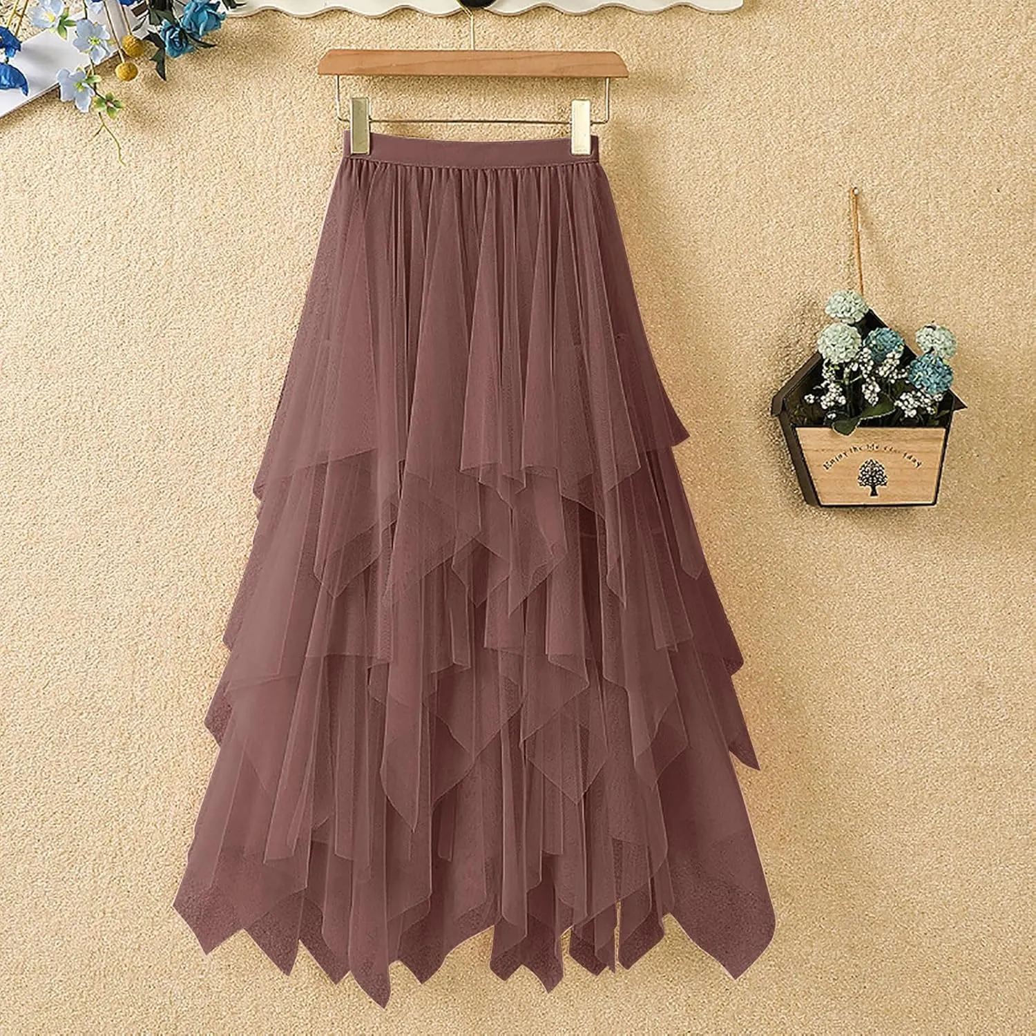 Women's Tulle Skirt Midi Long Fairy Skirt 2025 Trendy A-Line Ruffle Layered High Elastic Waist Puffy Skirts