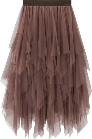 Women's Tulle Skirt Midi Long Fairy Skirt 2025 Trendy A-Line Ruffle Layered High Elastic Waist Puffy Skirts