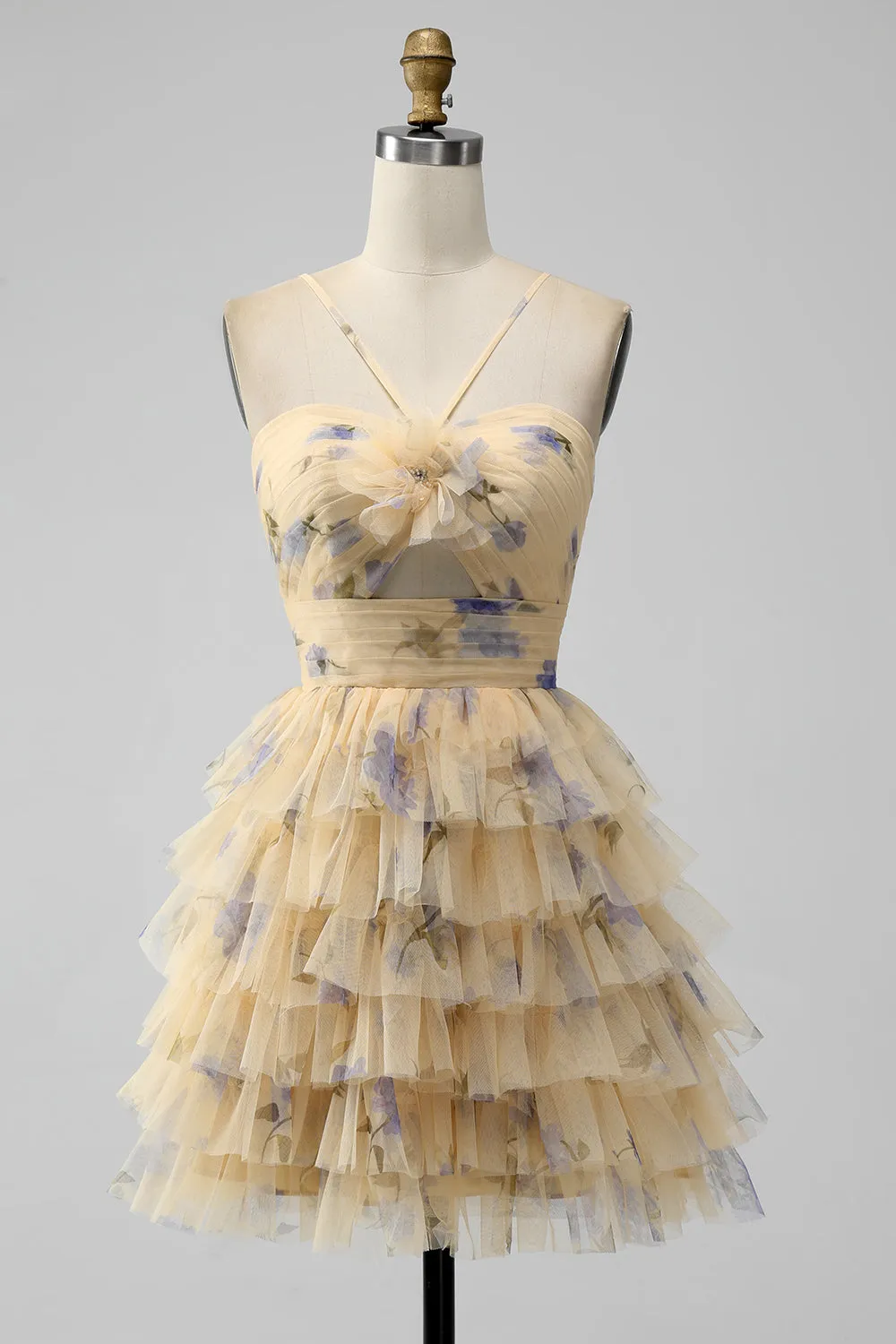 Yellow A Line Halter Tiered Tulle Mini Dress