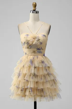 Yellow A Line Halter Tiered Tulle Mini Dress
