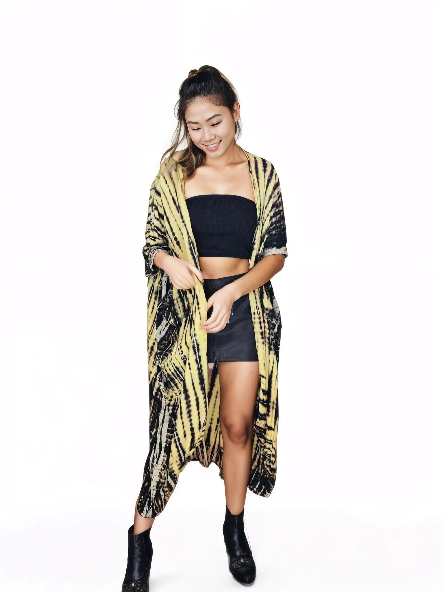 Yellow/Black Boho Tie-Dye Cardigan | Cozy & Chic