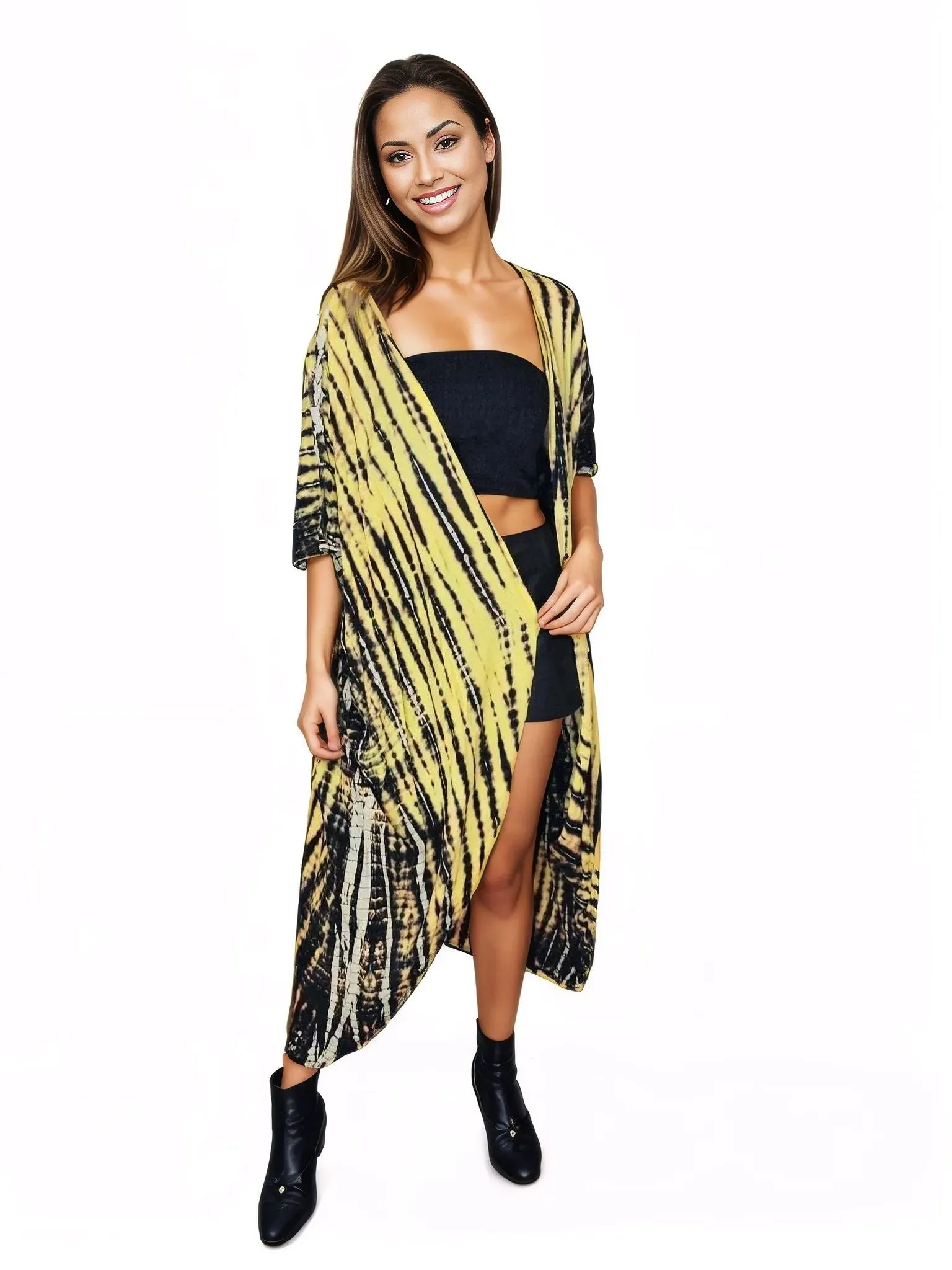 Yellow/Black Boho Tie-Dye Cardigan | Cozy & Chic