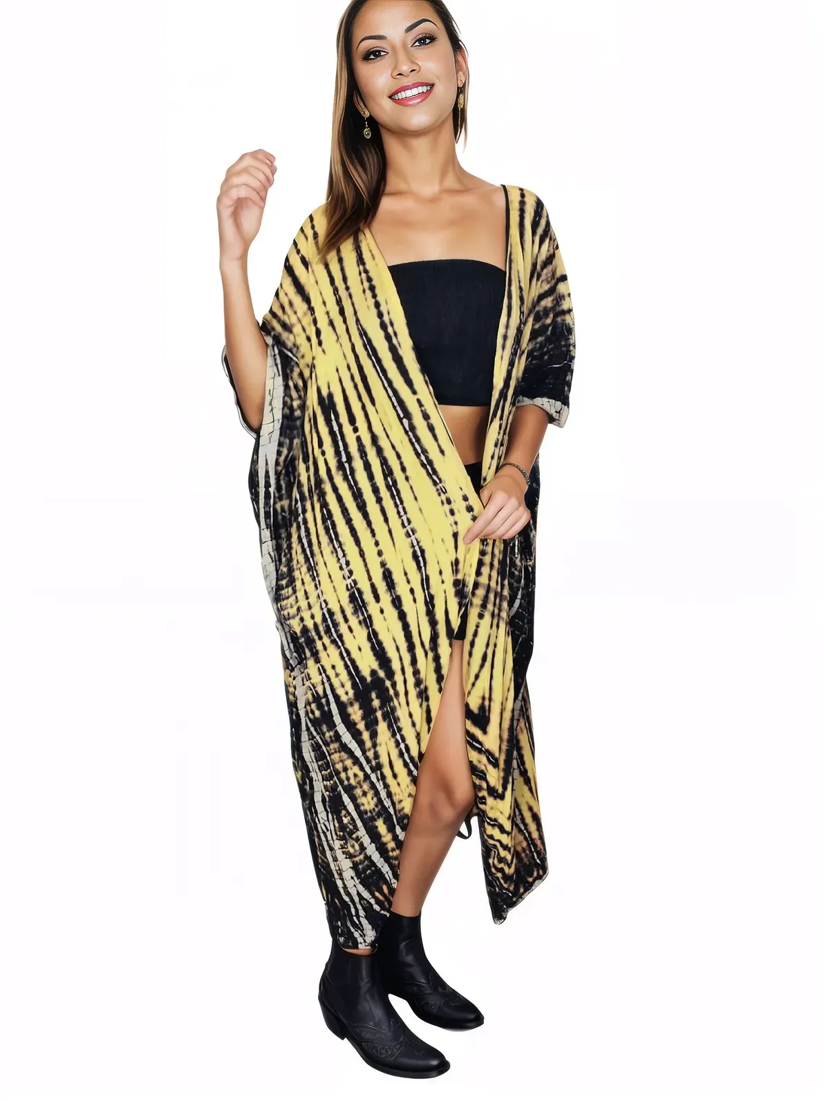 Yellow/Black Boho Tie-Dye Cardigan | Cozy & Chic
