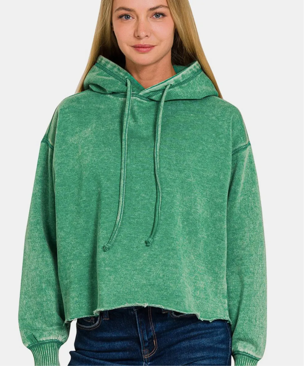 Zenana Acid Wash Fleece Cropped Hoodie
