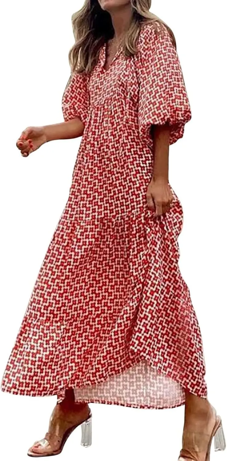 ZWRXW Plus Size Boho Maxi Dress for Women Loose Bohemian Floral Dress Half Sleeve Flowy A Line Long Dress Beach Swing Dress