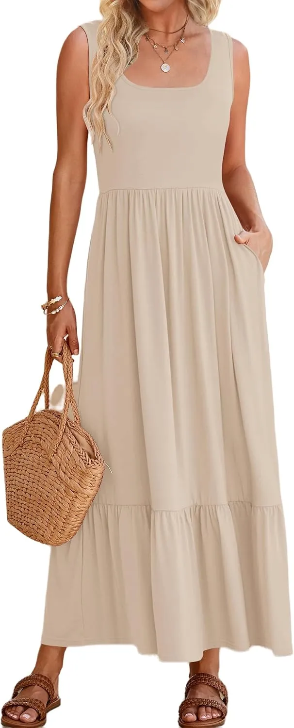 ZWRXW Summer Sleeveless Dresses for Women 2024 Flowy Swing Pleated Maxi Dress Square Neck Long Dresses Casual Beach Sundress