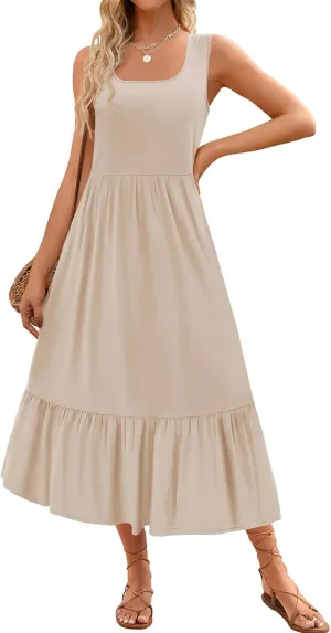 ZWRXW Summer Sleeveless Dresses for Women 2024 Flowy Swing Pleated Maxi Dress Square Neck Long Dresses Casual Beach Sundress